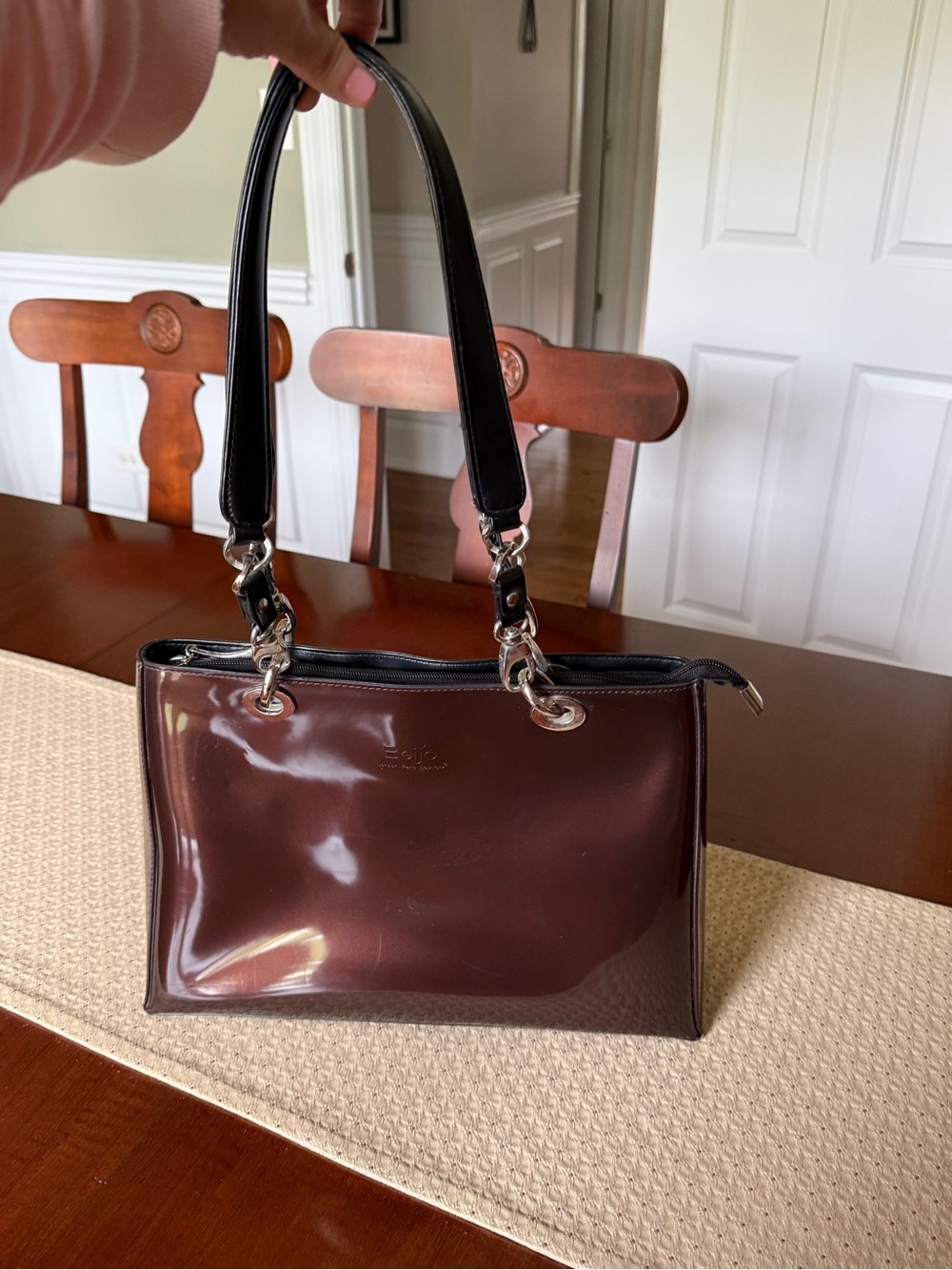 BEIJO Glossy Bronze Patent Shoulder Bag - Bronze Brown & Black Chain Strap